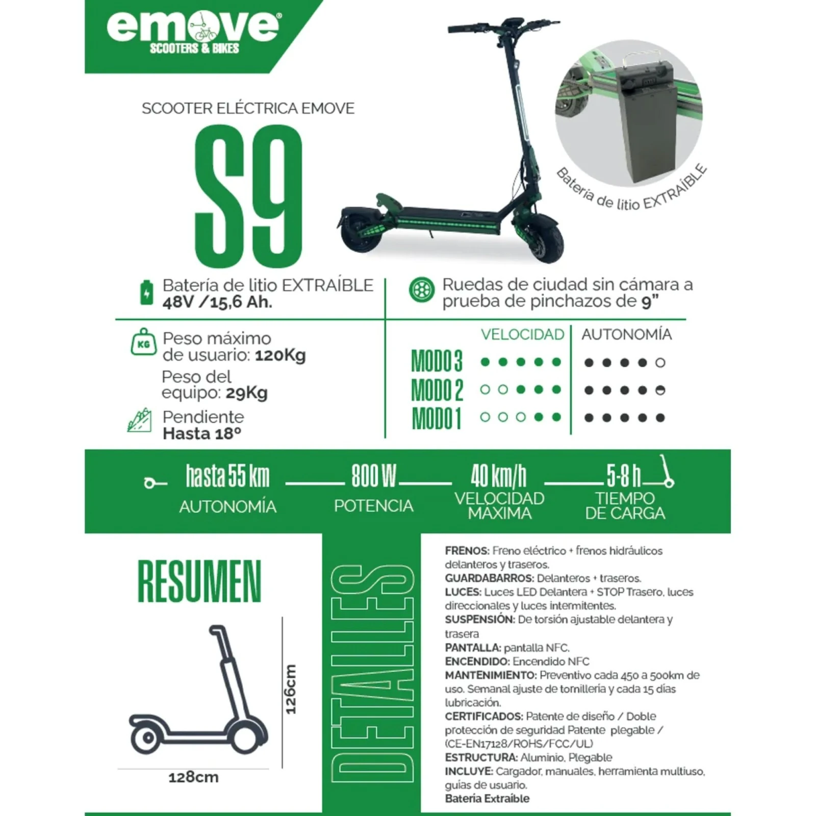 Patineta Eléctrica EMOVE S9 800W Max 40 km/h con Batería extraíble - Imagen 2