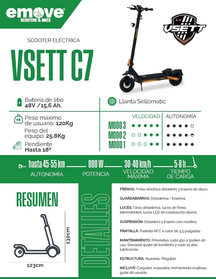 Patineta Eléctrica VSETT C7 800W Max 40 km/h - Imagen 7