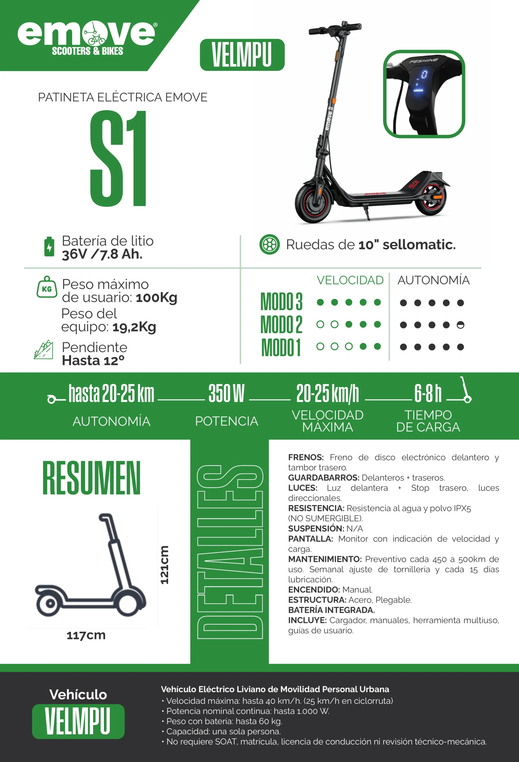 Patineta Eléctrica 350W Max 25 km/h EMOVE S1 - Imagen 2