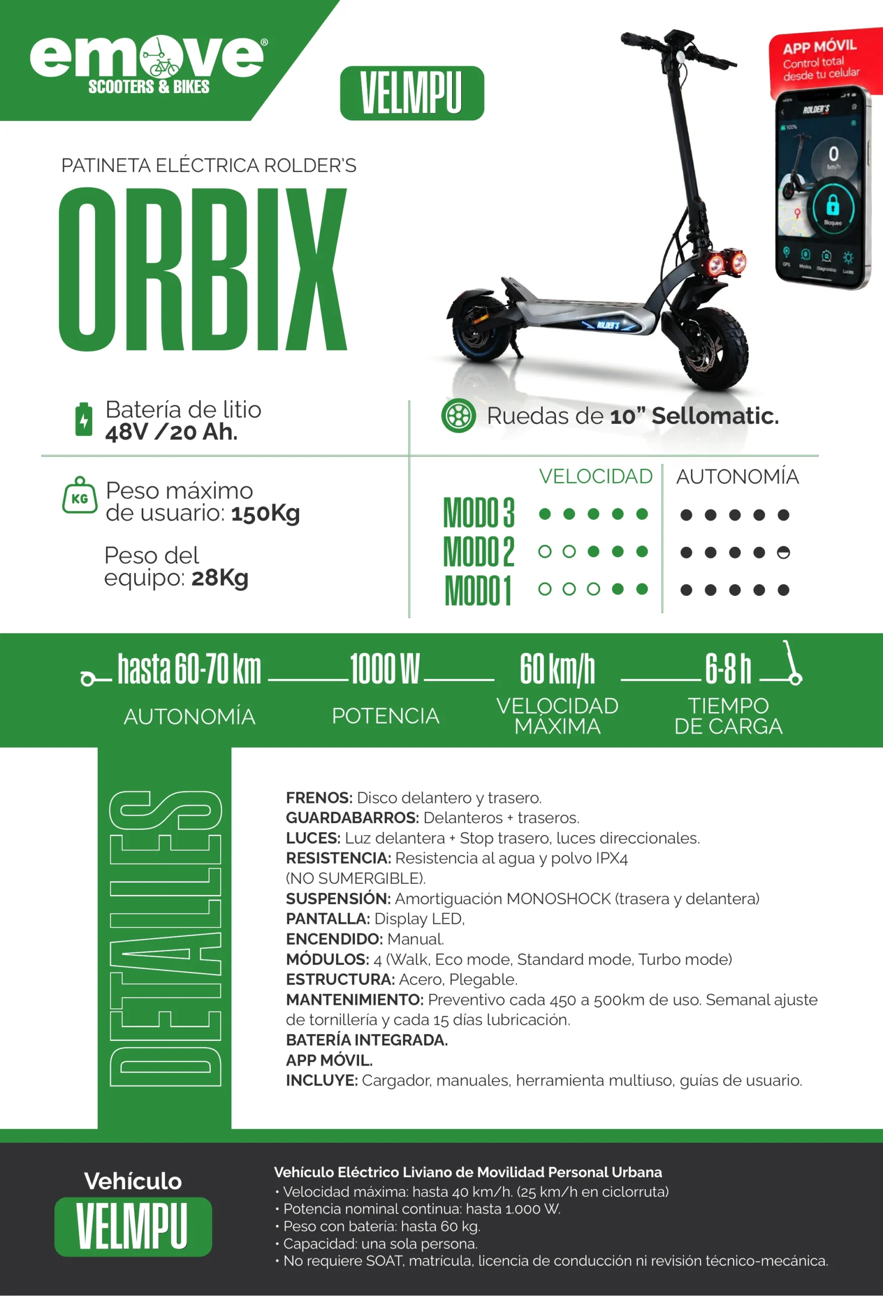 Patineta Eléctrica ROLDERS ORBIX 1000W con Batería 48V 20Ah - Imagen 3